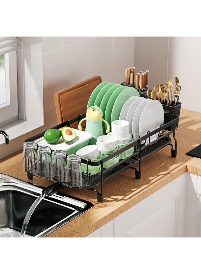 Toshionics Single Layer Expandable Foldable Retractable Dish Drying Rack with Utensil Holder & Cutting Board Holder & Drainboard Tray & Cup Holder T114726, Rotatable Drainage System Scratch Resistant Frosted Baking Process Coatings, Black - Image 5